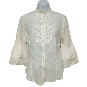 White cotton Poet Blouse Medium Layered ruffle three quarter sleeve High Neck